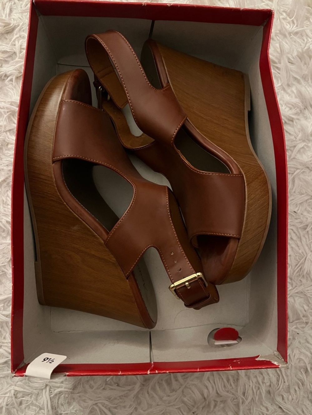 Brown Leather Wood Wedge Sandals